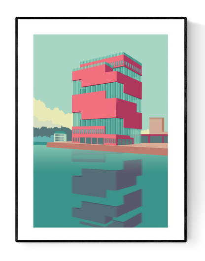 Minimalist digital art print of the MAS Museum in Antwerp, Belgium – bold red and turquoise geometric design by Studio Frits on 30x40 cm heavyweight paper.