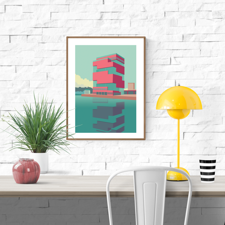 Minimalist digital art print of the MAS Museum in Antwerp, Belgium – bold red and turquoise geometric design by Studio Frits on 30x40 cm heavyweight paper.