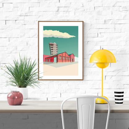 Illustration of the Red Star Line Museum with modern tower behind, urban Antwerp architecture – Red Stad Line Museum Antwerp by Studio Frits, 30x40 cm art print made in Belgium.