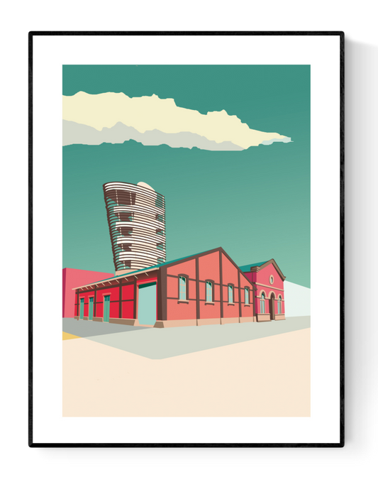 Illustration of the Red Star Line Museum with modern tower behind, urban Antwerp architecture – Red Stad Line Museum Antwerp by Studio Frits, 30x40 cm art print made in Belgium.