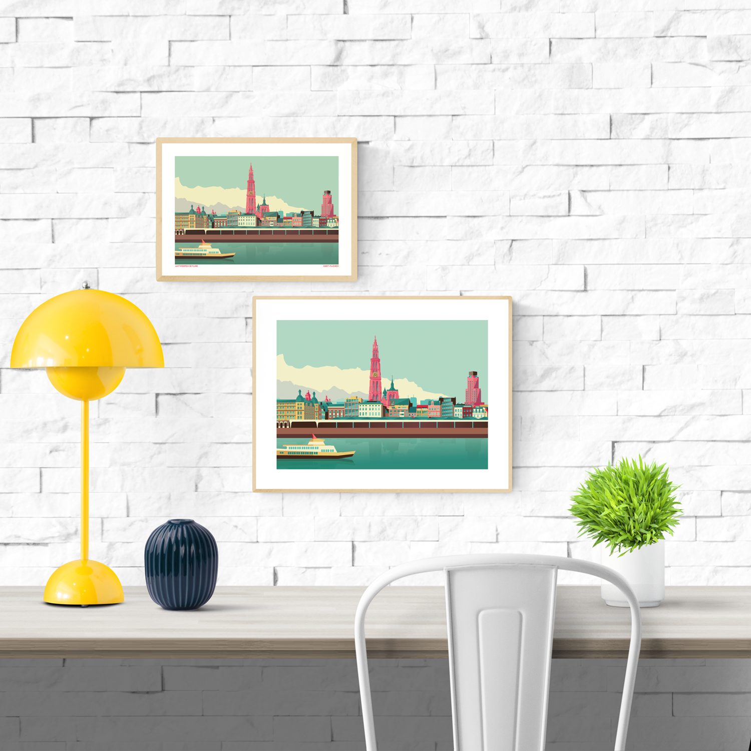 Illustrated art print of the Antwerp skyline by Studio Frits, showcasing colorful riverside buildings and the iconic Cathedral of Our Lady, printed on 30 x 40 cm high-quality paper.