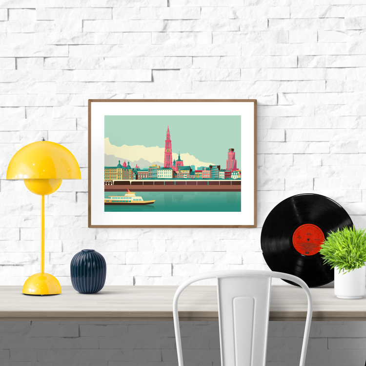 Illustrated art print of the Antwerp skyline by Studio Frits, showcasing colorful riverside buildings and the iconic Cathedral of Our Lady, printed on 30 x 40 cm high-quality paper.