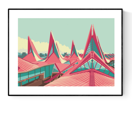Digital art print of Vlinderpaleis Antwerp by Studio Frits, featuring stylized red-pink rooftops of the Antwerp courthouse with angular peaks and teal windows. High-quality wall art printed on 300g paper, ideal for fans of modern architecture and Belgian landmarks.