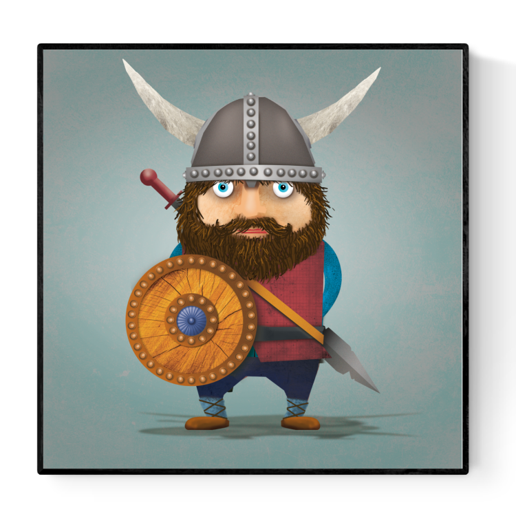 Illustration of a funny cartoon viking with horned helmet, round shield, and beard – "Igor the Viking" art print by Studio Frits – colorful 30x30 cm artwork printed on premium 300g paper – Belgian illustration for modern home decor