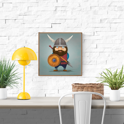 Illustration of a funny cartoon viking with horned helmet, round shield, and beard – "Igor the Viking" art print by Studio Frits – colorful 30x30 cm artwork printed on premium 300g paper – Belgian illustration for modern home decor