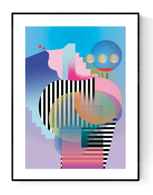 Set of three abstract geometric art prints with bold shapes, bright gradients, and black stripes, inspired by the architecture and energy of New York City – New York (set of 3) by Studio Frits, 30 x 40 cm modern wall art.