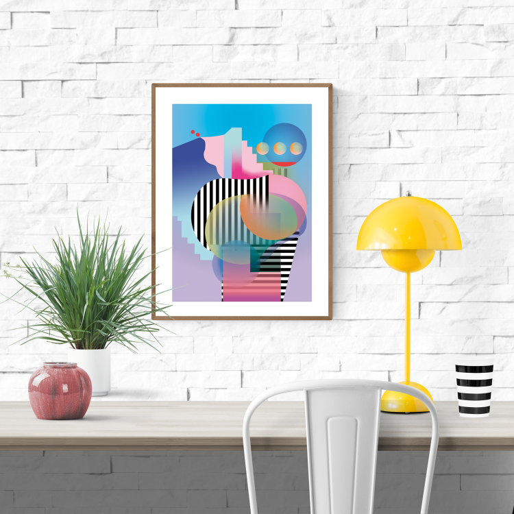Set of three abstract geometric art prints with bold shapes, bright gradients, and black stripes, inspired by the architecture and energy of New York City – New York (set of 3) by Studio Frits, 30 x 40 cm modern wall art.