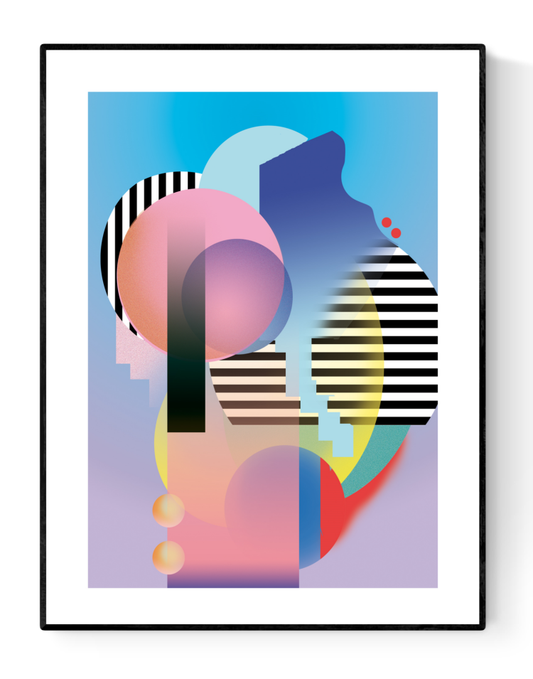 Set of three abstract geometric art prints with bold shapes, bright gradients, and black stripes, inspired by the architecture and energy of New York City – New York (set of 3) by Studio Frits, 30 x 40 cm modern wall art.