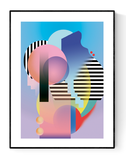 Set of three abstract geometric art prints with bold shapes, bright gradients, and black stripes, inspired by the architecture and energy of New York City – New York (set of 3) by Studio Frits, 30 x 40 cm modern wall art.