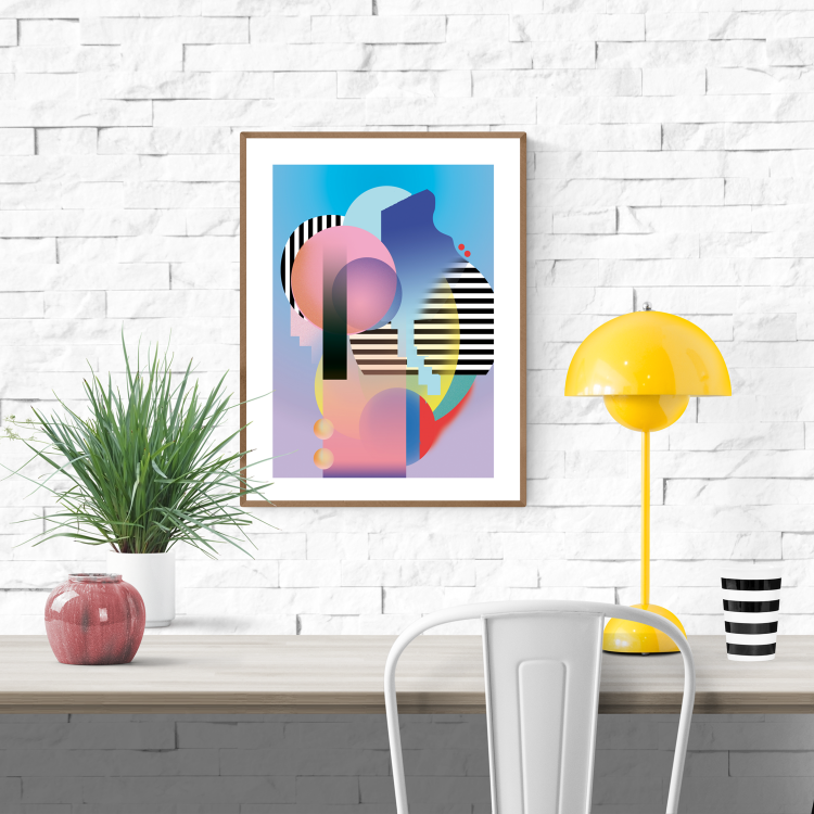 Set of three abstract geometric art prints with bold shapes, bright gradients, and black stripes, inspired by the architecture and energy of New York City – New York (set of 3) by Studio Frits, 30 x 40 cm modern wall art.