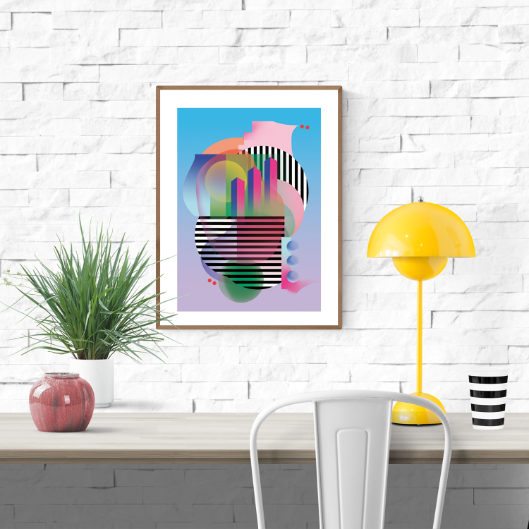 Set of three abstract geometric art prints with bold shapes, bright gradients, and black stripes, inspired by the architecture and energy of New York City – New York (set of 3) by Studio Frits, 30 x 40 cm modern wall art.