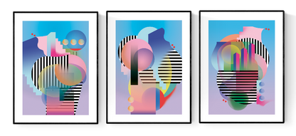 Set of three abstract geometric art prints with bold shapes, bright gradients, and black stripes, inspired by the architecture and energy of New York City – New York (set of 3) by Studio Frits, 30 x 40 cm modern wall art.