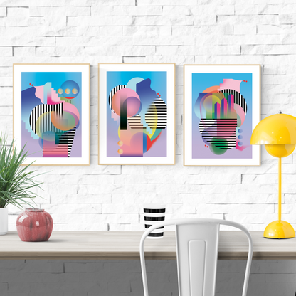 Set of three abstract geometric art prints with bold shapes, bright gradients, and black stripes, inspired by the architecture and energy of New York City – New York (set of 3) by Studio Frits, 30 x 40 cm modern wall art.