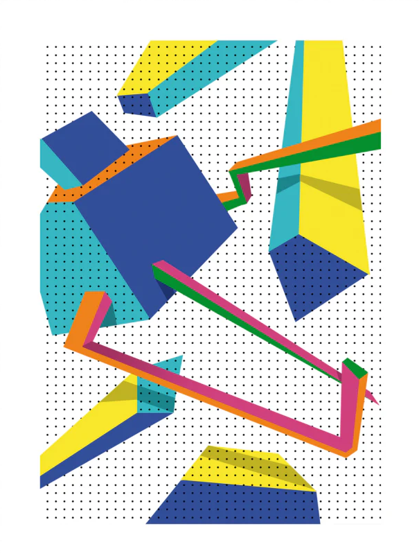 Abstract geometric London art print by Studio Frits featuring bold blue, yellow and teal shapes with pink and orange graphic lines, modern 30x40 cm giclée wall art for contemporary interior design.