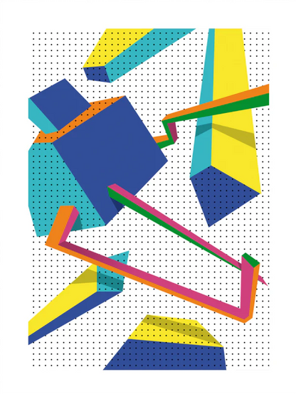 Abstract geometric London art print by Studio Frits featuring bold blue, yellow and teal shapes with pink and orange graphic lines, modern 30x40 cm giclée wall art for contemporary interior design.