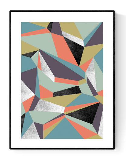 Framed abstract geometric art print inspired by Stockholm, featuring angular shapes in muted coral, sage green, ochre, and black tones, perfect for modern Scandinavian interiors.