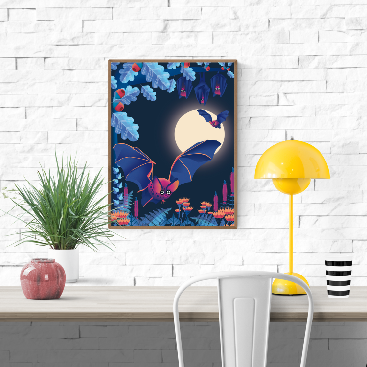 Vivid and playful illustration by Studio Frits titled 'Bats,' depicting a group of cartoon-like bats flying and hanging among glowing foliage under a full moon. With bold purples, blues, and neon oranges, this colorful nighttime forest scene adds a whimsical, slightly spooky charm—perfect for nature lovers, children’s spaces, and fans of quirky, vibrant art