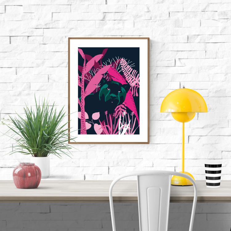 Black panther jungle art print with bold pink tropical leaves and dark night background, modern animal wall art by Gert Paenen