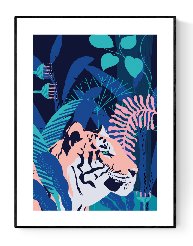 30 x 40 cm digital art print titled Tiger by Belgian illustrator Studio Frits. Features a stylized tiger in coral tones surrounded by abstract jungle foliage in blue and teal. Printed in Belgium on sturdy 300g paper. Ideal for modern, nature-inspired spaces.