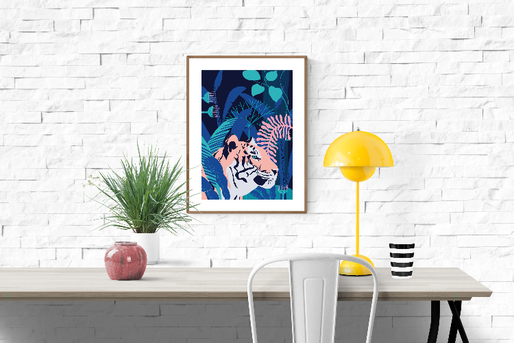 30 x 40 cm digital art print titled Tiger by Belgian illustrator Studio Frits. Features a stylized tiger in coral tones surrounded by abstract jungle foliage in blue and teal. Printed in Belgium on sturdy 300g paper. Ideal for modern, nature-inspired spaces.