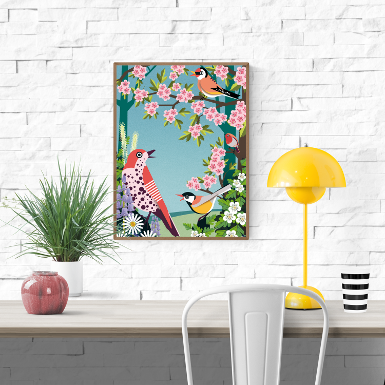 Colorful spring bird illustration by Studio Frits – decorative art print featuring garden birds among blooming cherry blossoms and wildflowers. Vibrant nature-inspired wall art perfect for spring-themed decor, bird lovers, and botanical art collectors. High-quality giclée print ideal for brightening up living rooms, kitchens, or nature-inspired interiors
