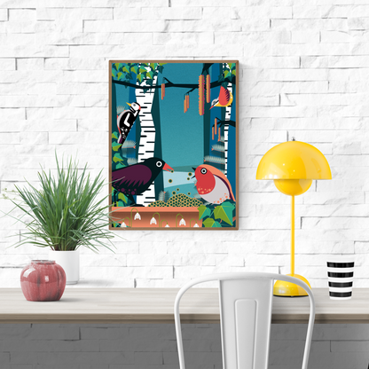 Winter bird illustration by Studio Frits – vibrant art print featuring robins, woodpeckers, and blackbirds among snowy birch trees and frosty foliage. Modern decorative wall art celebrating winter wildlife and seasonal charm. Perfect gift for bird lovers and nature art collectors. High-quality giclée print for cozy interiors and winter-themed home decor