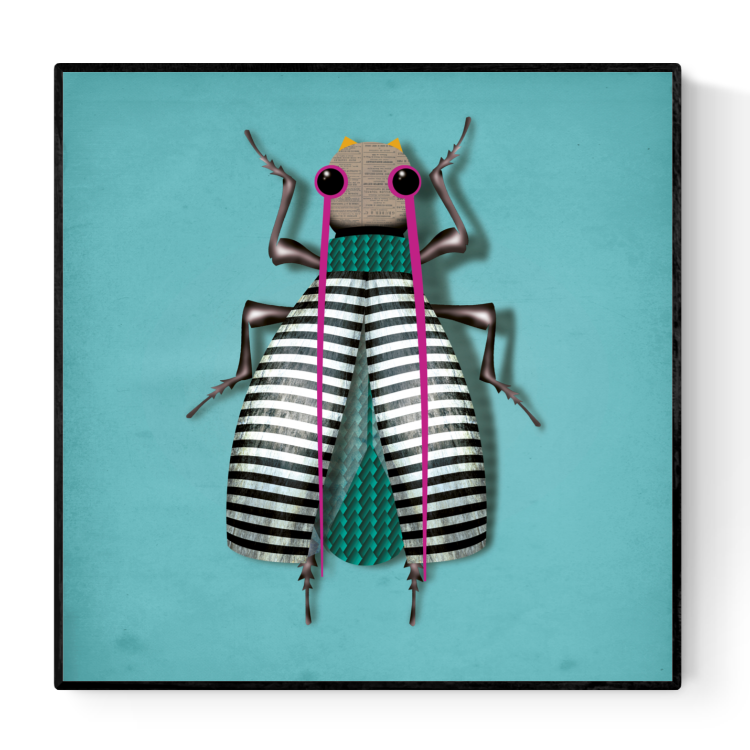 Modern illustration titled 'Carmen In-Secto' by Studio Frits, featuring a whimsical stylized insect with black-and-white striped wings, vibrant pink antennae, and geometric textures on a teal background – unique bug-themed wall art for eclectic interiors, available at Galerie Frits