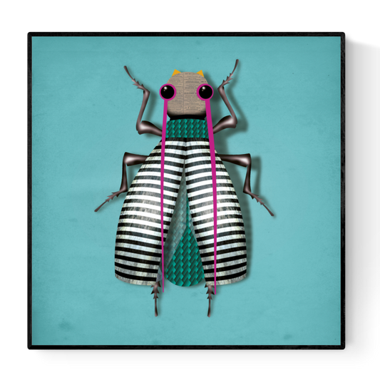 Modern illustration titled 'Carmen In-Secto' by Studio Frits, featuring a whimsical stylized insect with black-and-white striped wings, vibrant pink antennae, and geometric textures on a teal background – unique bug-themed wall art for eclectic interiors, available at Galerie Frits