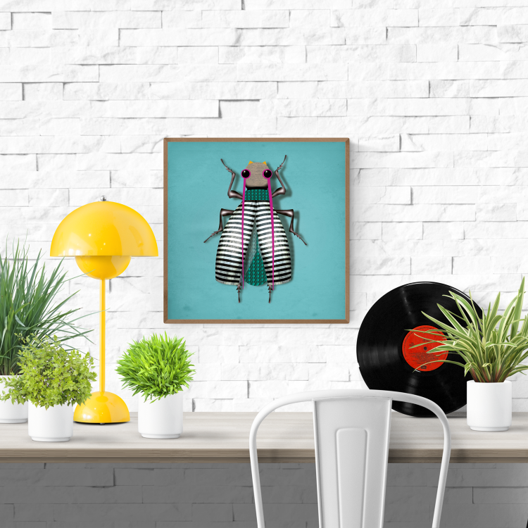Modern illustration titled 'Carmen In-Secto' by Studio Frits, featuring a whimsical stylized insect with black-and-white striped wings, vibrant pink antennae, and geometric textures on a teal background – unique bug-themed wall art for eclectic interiors, available at Galerie Frits