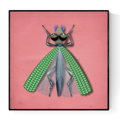 Freya Veps insect art print by Studio Frits – whimsical illustration of a colorful bug with green textured wings, newspaper-patterned eyes, and a soft pink background, perfect for modern wall decor and insect-themed artwork lovers