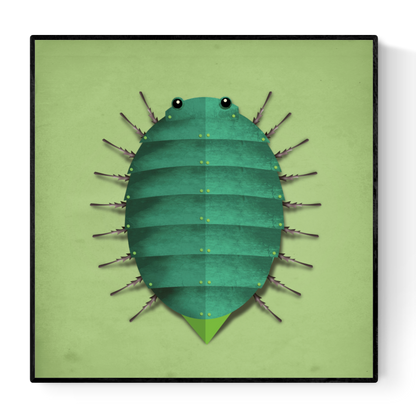 Illustration of a whimsical green beetle with cartoon eyes by Studio Frits, minimalist nature-inspired wall art, 30 x 30 cm art print, made in Belgium.