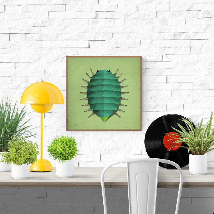 Illustration of a whimsical green beetle with cartoon eyes by Studio Frits, minimalist nature-inspired wall art, 30 x 30 cm art print, made in Belgium.