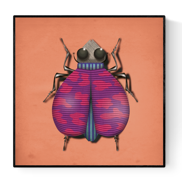 Illustration of a stylized beetle in pink, purple, and teal hues on an orange background, surreal insect wall art by Studio Frits, 30 x 30 cm art print made in Belgium.