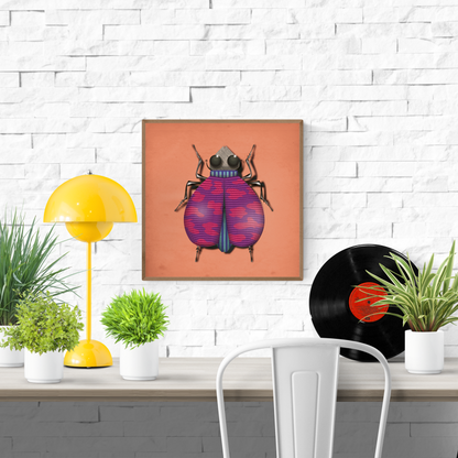 Illustration of a stylized beetle in pink, purple, and teal hues on an orange background, surreal insect wall art by Studio Frits, 30 x 30 cm art print made in Belgium.