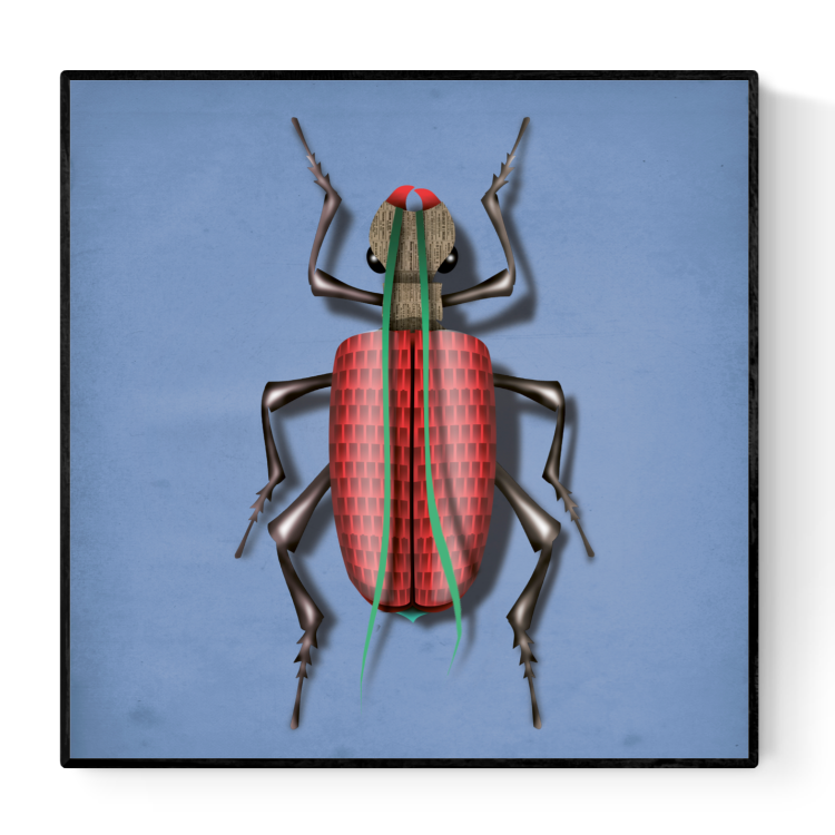 Illustration of a whimsical red beetle with green antennae on a blue background by Belgian artist Gert Paenen – Klaus Käfer art print, 30 x 30 cm.