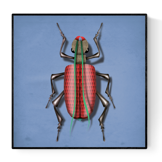 Illustration of a whimsical red beetle with green antennae on a blue background by Belgian artist Gert Paenen – Klaus Käfer art print, 30 x 30 cm.