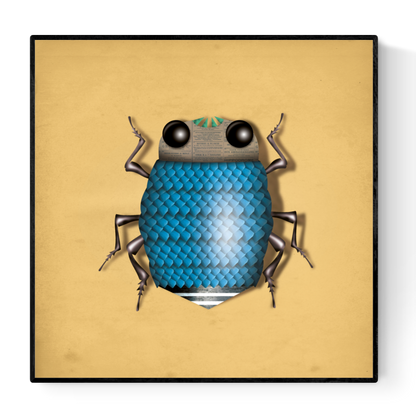 Colorful digital illustration of a stylized blue beetle with woven-texture body, large cartoon eyes, and metallic legs on a warm yellow background – Magnus Tor by Studio Frits.