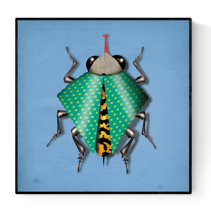 Colorful surrealist beetle art print titled "Sue Scarabee" by Studio Frits, featuring a green dotted insect with metallic legs, a red antenna, and a collage-style head on a blue background. Square 30x30 cm wall art, ideal for modern interiors and design lovers in Belgium, France, the Netherlands, and Germany.
