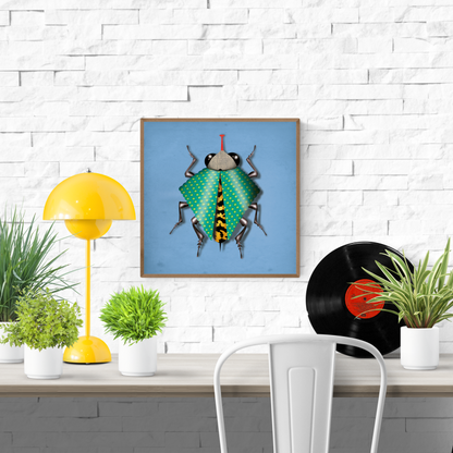 Colorful surrealist beetle art print titled "Sue Scarabee" by Studio Frits, featuring a green dotted insect with metallic legs, a red antenna, and a collage-style head on a blue background. Square 30x30 cm wall art, ideal for modern interiors and design lovers in Belgium, France, the Netherlands, and Germany.