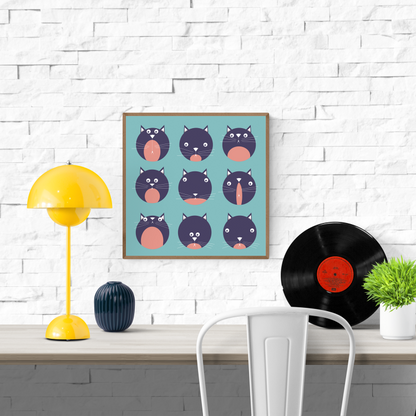 Illustration titled "9 Lives" by Studio Frits, featuring nine playful black and pink cartoon cat faces with varied expressions on a teal background. Perfect for cat lovers and modern home decor.