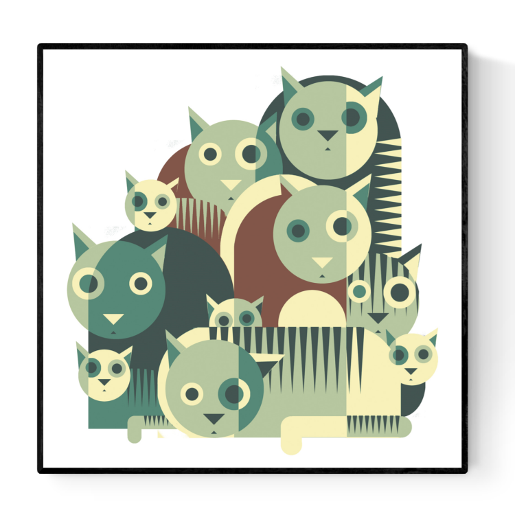 Playful geometric illustration of wide-eyed cats in bold green or orange tones by Belgian artist Gert Paenen. Modern minimalist design with layered shapes and rhythmic patterns, ideal for contemporary interiors, cat lovers, and graphic art collectors. 30 × 30 cm wall art print.