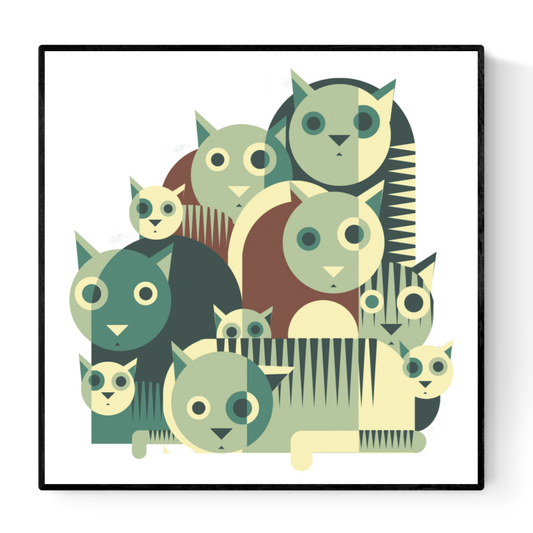 Playful geometric illustration of wide-eyed cats in bold green or orange tones by Belgian artist Gert Paenen. Modern minimalist design with layered shapes and rhythmic patterns, ideal for contemporary interiors, cat lovers, and graphic art collectors. 30 × 30 cm wall art print.