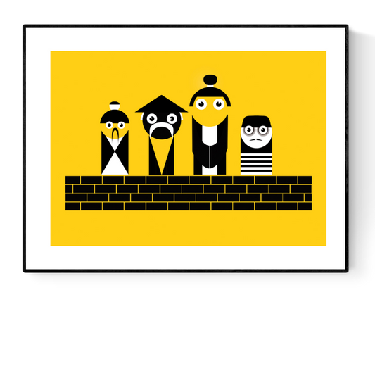 Bold and playful graphic illustration titled ‘Chinese’ by Studio Frits, featuring four stylized black-and-white cartoon characters with geometric shapes against a vibrant yellow background. This modern art print blends minimalism with cultural motifs, perfect for contemporary interiors, kids’ rooms, or design lovers who appreciate quirky wall decor. Available at Galerie Frits