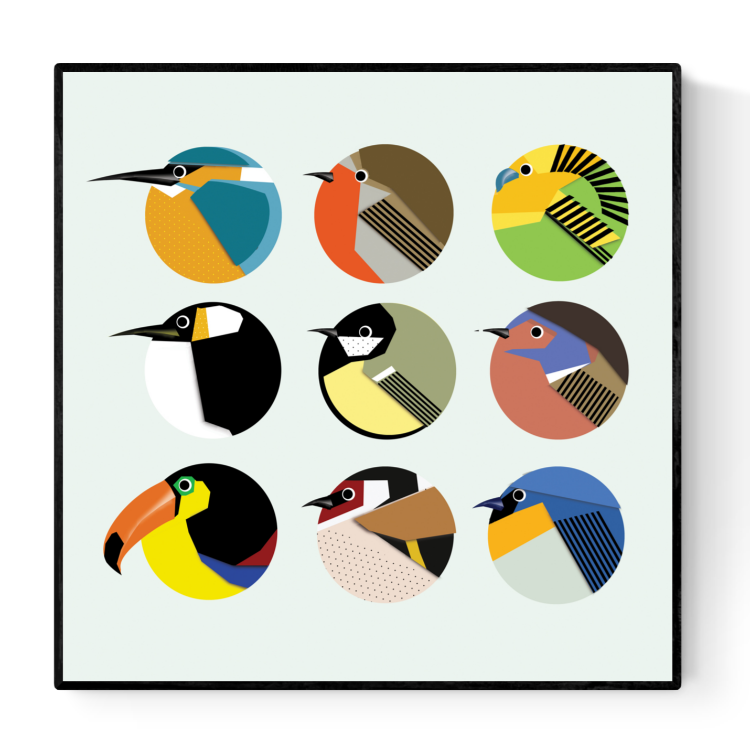 Modern geometric bird illustration titled ‘Circle Birds 1’ by Studio Frits, featuring nine colorful stylized bird portraits in circular frames. This vibrant and minimalist art print adds a playful, graphic touch to any interior, perfect for bird lovers, contemporary decor, or Scandinavian-inspired wall art collections. Available at Galerie Frits