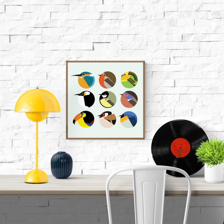 Modern geometric bird illustration titled ‘Circle Birds 1’ by Studio Frits, featuring nine colorful stylized bird portraits in circular frames. This vibrant and minimalist art print adds a playful, graphic touch to any interior, perfect for bird lovers, contemporary decor, or Scandinavian-inspired wall art collections. Available at Galerie Frits