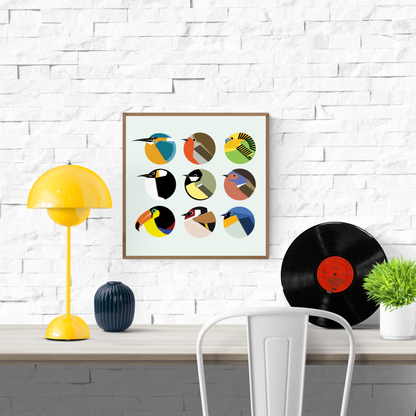 Modern geometric bird illustration titled ‘Circle Birds 1’ by Studio Frits, featuring nine colorful stylized bird portraits in circular frames. This vibrant and minimalist art print adds a playful, graphic touch to any interior, perfect for bird lovers, contemporary decor, or Scandinavian-inspired wall art collections. Available at Galerie Frits