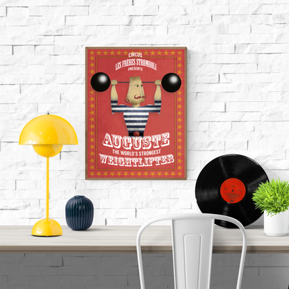 Playful vintage-style illustration by Studio Frits titled 'Auguste Stromboli,' designed as a fictional circus poster featuring a strongman in a striped suit lifting cartoonishly large barbells. Surrounded by red and yellow star borders with bold typography, this whimsical artwork channels classic circus charm—perfect for eclectic interiors, children's rooms, or collectors of retro-inspired prints