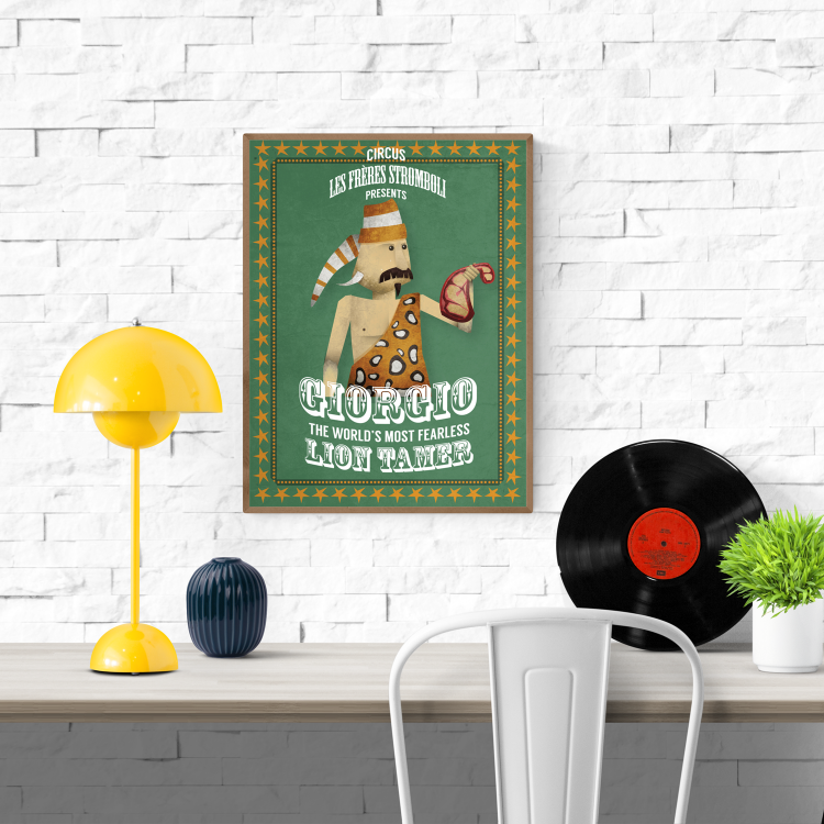 Playful circus poster illustration of Giorgio Stromboli, the world's most fearless lion tamer, holding a steak against a vintage green background with yellow stars – art print by Studio Frits.
