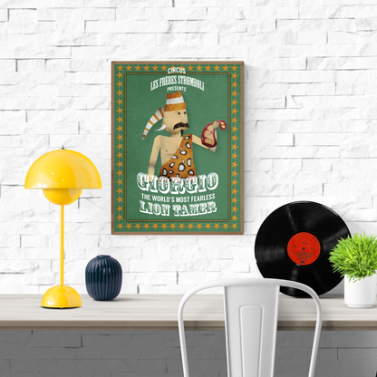 Playful circus poster illustration of Giorgio Stromboli, the world's most fearless lion tamer, holding a steak against a vintage green background with yellow stars – art print by Studio Frits.