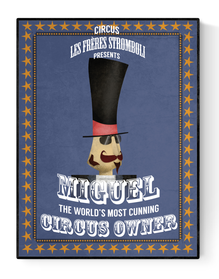 Illustration of Miguel Stromboli, a quirky circus owner with a tall black hat and mustache, in vintage poster style with blue background and star border – playful character art print by Studio Frits, printed on 300g paper.